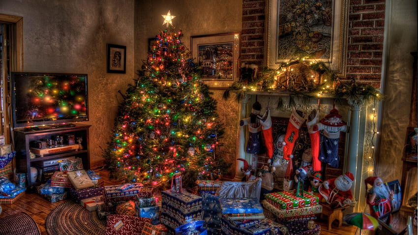 дърво, коледа, подаръци, камина, 2560X1440 Коледа HD тапет
