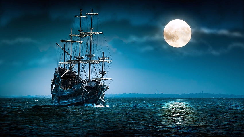 Barco fantasma a la luz de la luna, mar, barco, bergantín, fantasma, luna, vela, cielo, calma, vintage, océano fondo de pantalla