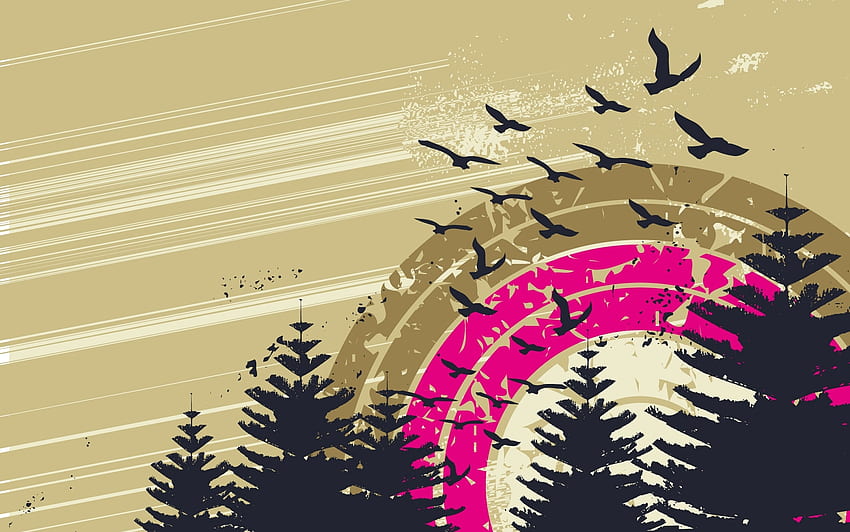 Birds, Trees, Sky, Vector, Circles HD wallpaper