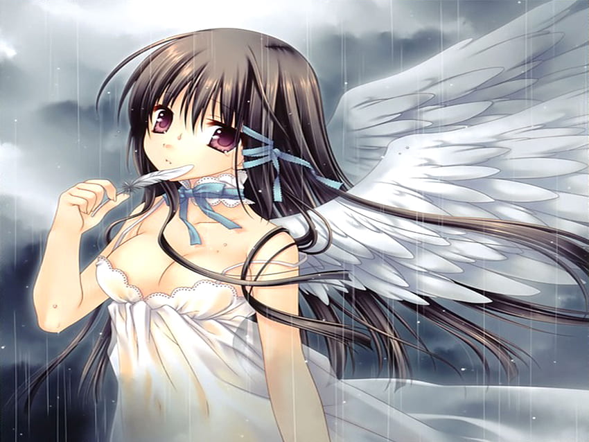 Anjo da Chuva, noite, asas, penas, chuva, fofa, anjo, vestido, garota anime, nuvem, fêmea papel de parede HD