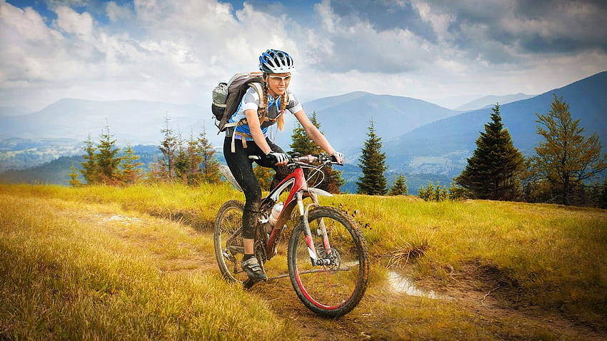 Girl ride bike, travel, grass, trees, mountains HD wallpaper