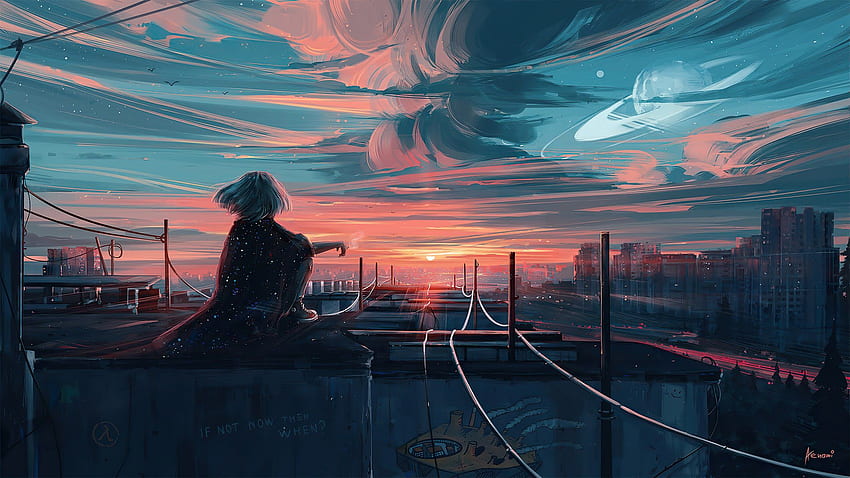 Anime Girl City Sunset HD wallpaper