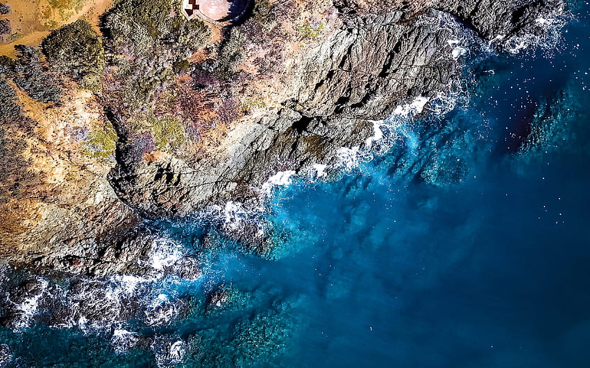 vista aérea, costa, água azul, costa rochosa, verão, rochas, mar, bela natureza, R, conceitos de viagem papel de parede HD