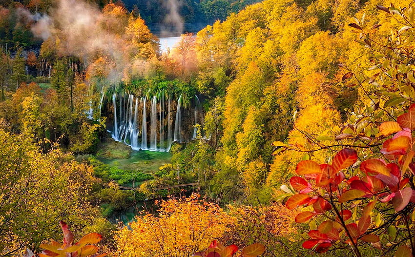 Jeziora Plitwickie NP jesienią, park narodowy, upadek, drzewa, jesień, widok, wodospad, piękny, kolorowy, Chorwacja, jezioro Tapeta HD