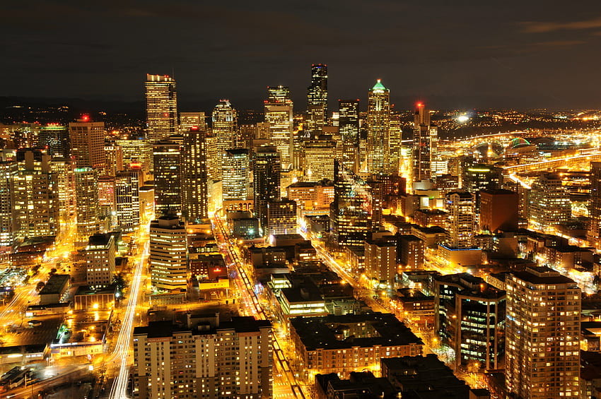 Cities, Usa, Building, Lights, Night City, Skyscrapers, Backlight, Illumination, United States, Washington, Seattle, Washington State HD wallpaper