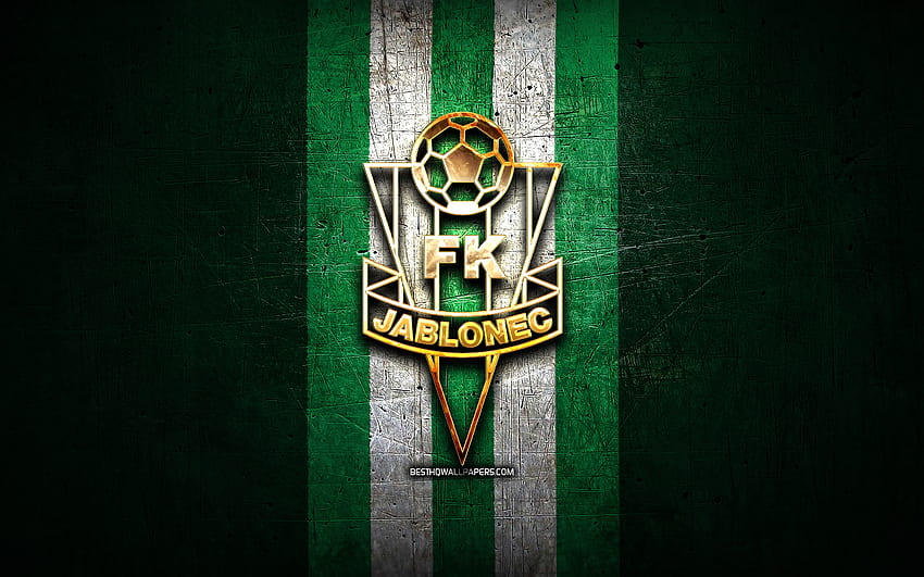 Jablonec FC, ouro logotipo, Checa Primeira Liga, metal verde de fundo, futebol, checa clube de futebol, Jablonec FC logotipo, FK Jablonec papel de parede HD