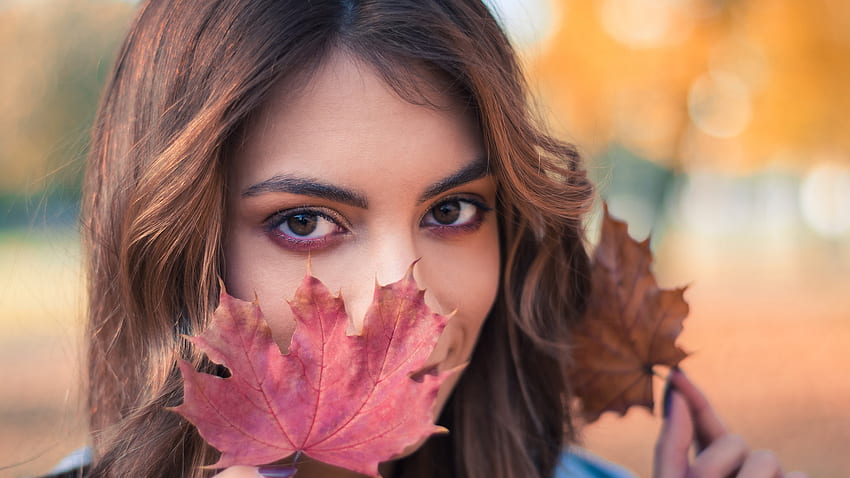 Girl Model With Autumn Leaf Standing In Colorful Blur Bokeh Background Girls HD wallpaper