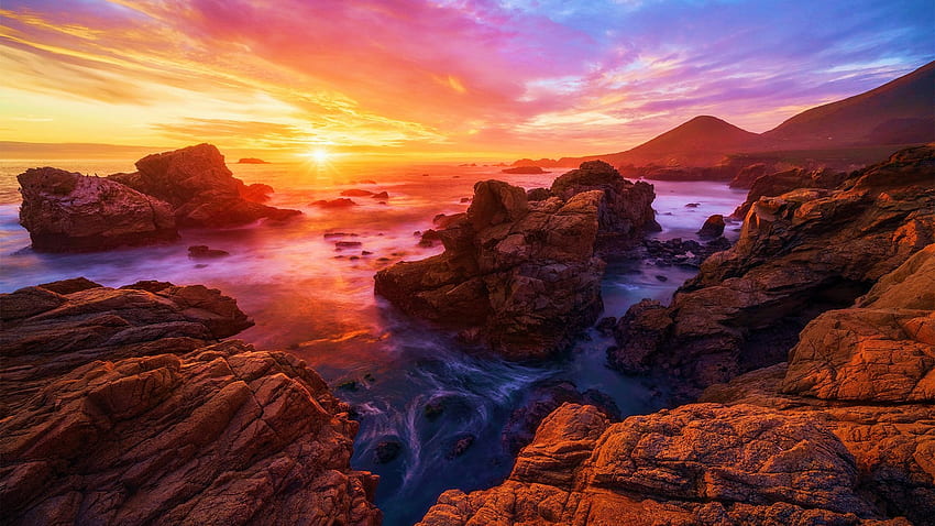 Splendid evening in Big Sur, California, sunset, usa, sea, clouds, colors, sky, rocks HD wallpaper