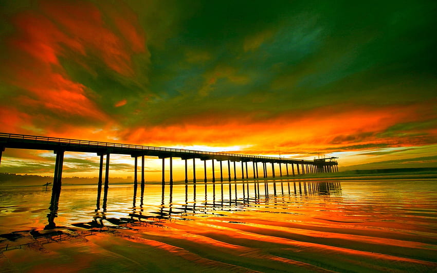 PIER at DUSK, sea, landscape, pier, bridge, sunset HD wallpaper