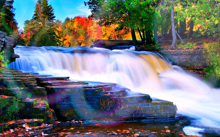★Vortex Waterfall★、リラックス、色、木々、秋、秋の季節、場所、素晴らしい、夢の中のアトラクション、滝、美しい、岩、創造的な既成品、四季を愛する、踏み石、葉、休暇、自然 高画質の壁紙