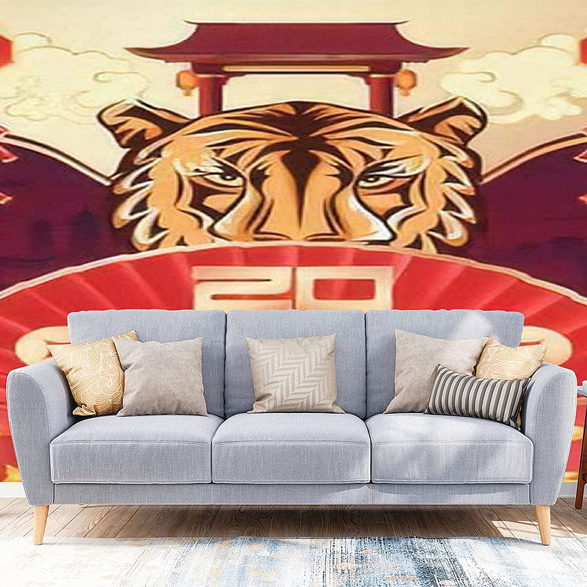 Peel and Stick Happy New Year 2022 Chinese New Year ปีเสือ Happy Lunar New Large Wall Mural Stickers Vinyl Film Covering Self Adhesive Decoration for Living Room, Tiger 2022 วอลล์เปเปอร์โทรศัพท์ HD