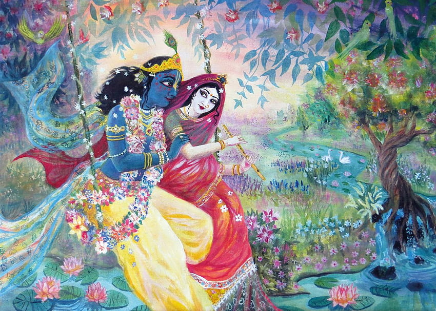 Radha Krishna on a swing HD wallpaper