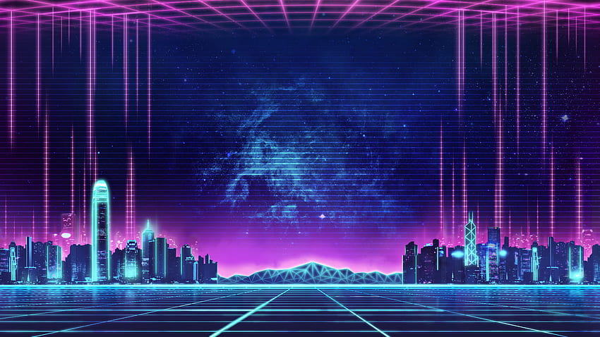 Synthwave, музика, ретро, ​​Neon City. Неонов град през 2019 г. Неонов дизайн, синьо ретро HD тапет