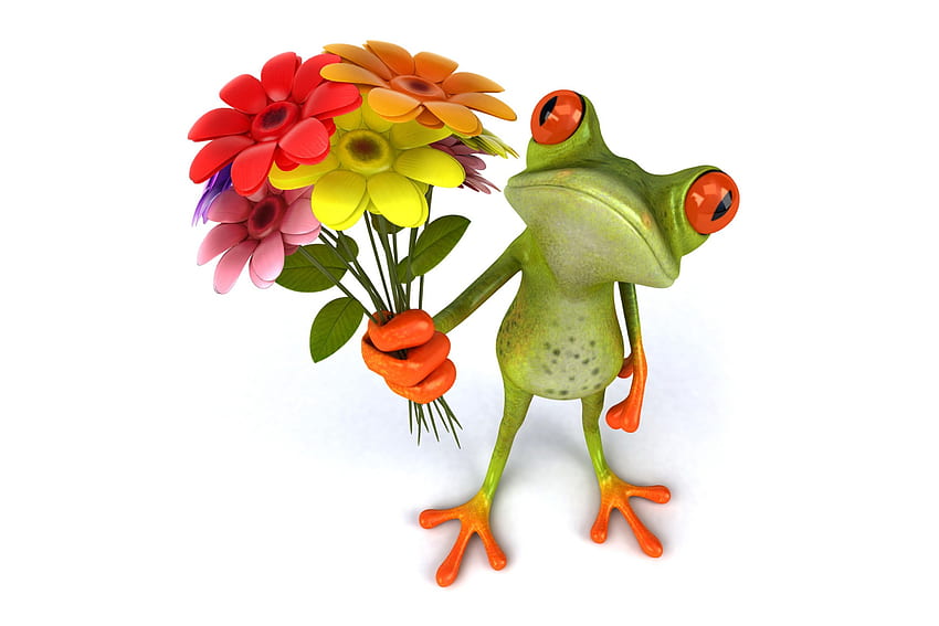 Funny 3D Frog, animal, 3d, funny, flowers, frog HD wallpaper