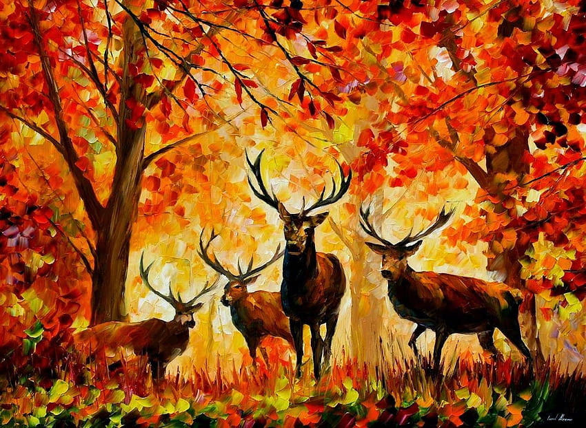 autumn fall painting leonid afremov deers, Autumn Animal Painting HD wallpaper