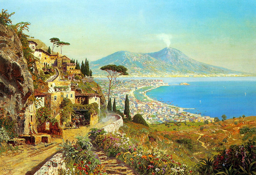 アロイス・アルネガー ナポリ湾の風景画 - ナポリ湾のイタリア絵画 - & 背景、イタリア絵画 高画質の壁紙
