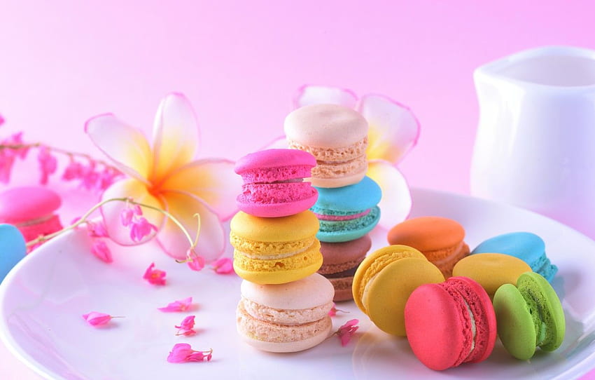 flowers, colorful, dessert, pink, flowers, cakes, sweet, Macaron HD wallpaper