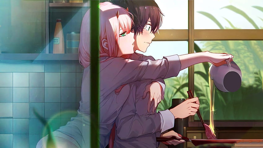 darling in the franxx zero two and hiro in kitchen with background of window anime </a> HD wallpaper