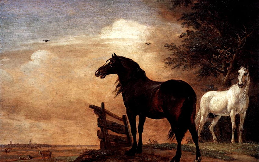 Horses in a Field, horses, white, black, painting, field, farm HD wallpaper