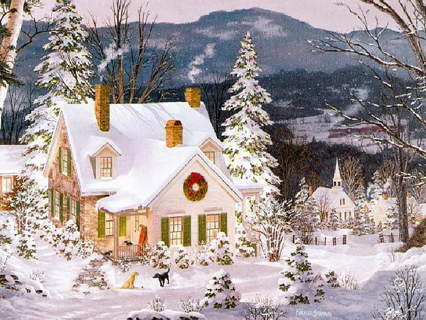 Home for the Holidays, windows, town, chimneys, dogs, cats, church, rail, painting, snow, porch, smoke, trees, mountains, christmas lights, wreath HD wallpaper