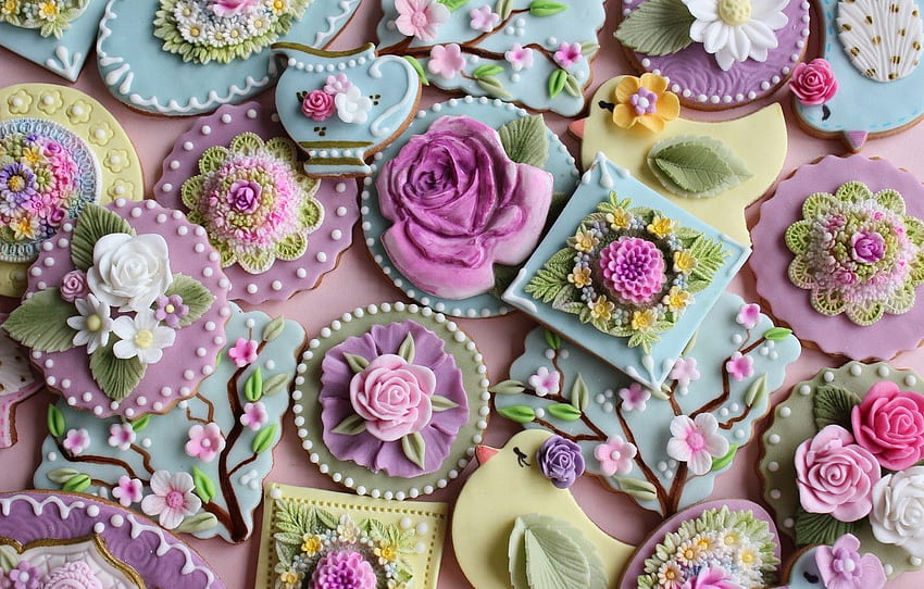 flowers, colored, spring, cookies, form, sweet, glaze for , section еда, Spring Cuake HD wallpaper