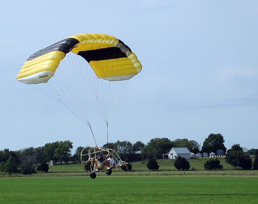 Yellow parachute, black, field, yellow, green, parachute, fly HD wallpaper
