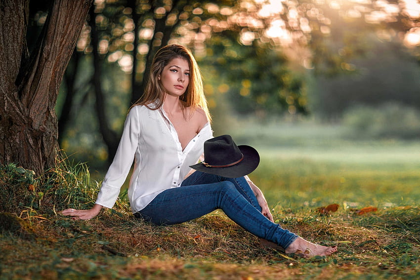 Cowgirl ~ Anna Fargonova, cowgirl, blonde, hat, jeans HD wallpaper