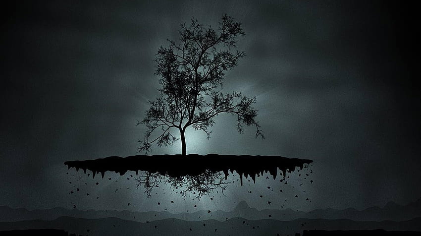 Floating Tree at Night, night, blue, black, lightspot, soil, dark, tree, roots, fantasy, silhouette HD wallpaper
