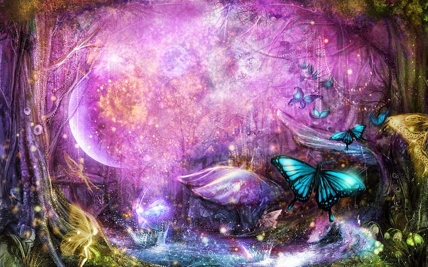 ファンタジー バタフライ テーマ デザイン - 魔法の妖精魅惑の森 - -、フェアリー パープル アブストラクト 高画質の壁紙