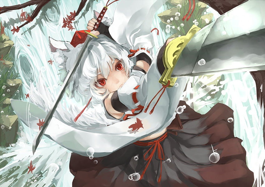 Inubashiri Momiji, saia, espada, fitas, olhos vermelhos, rabo, folhas, anime, touhou, cabelo curto, água, chapéu papel de parede HD