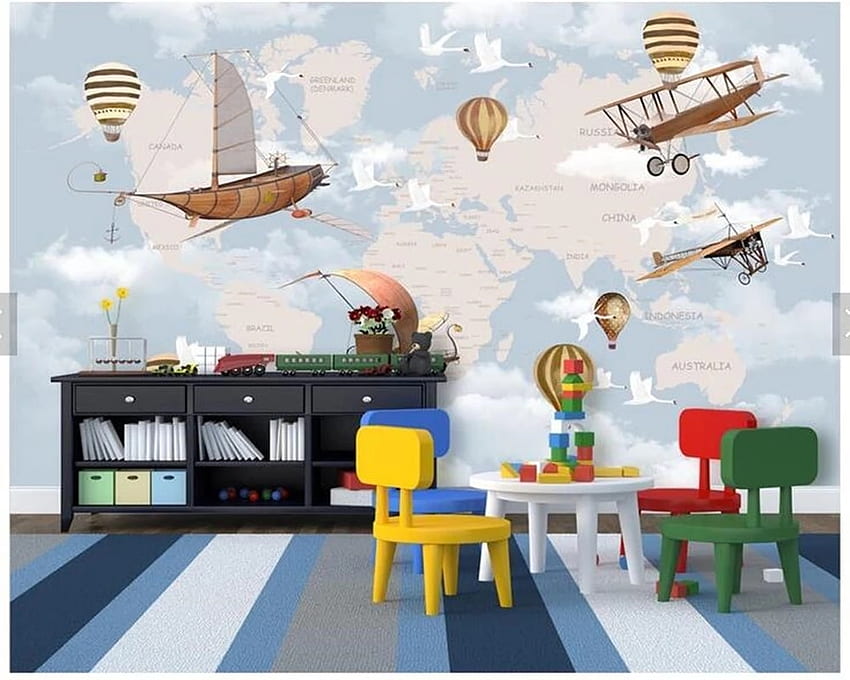 Kustom anak-anak, Perjalanan udara di seluruh dunia Fresco Balon Pesawat Ruang Angkasa untuk ruang tamu Latar belakang ruang anak-anak. Wallpaper HD