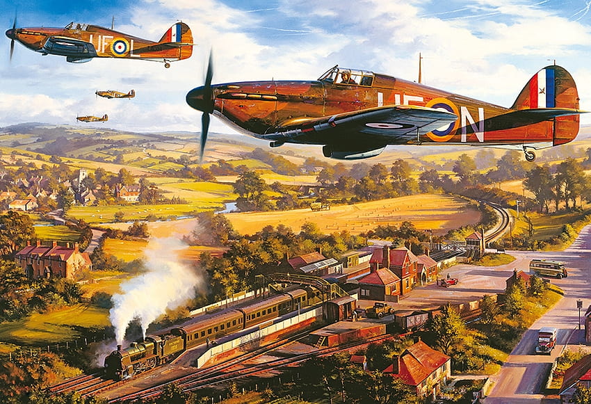 Hurrikan-Patrouille, ww2, Motor, Krieg, Malerei, Hurrikan, Flugzeug, Jäger, Lokomotive, Militär, Dampf HD-Hintergrundbild