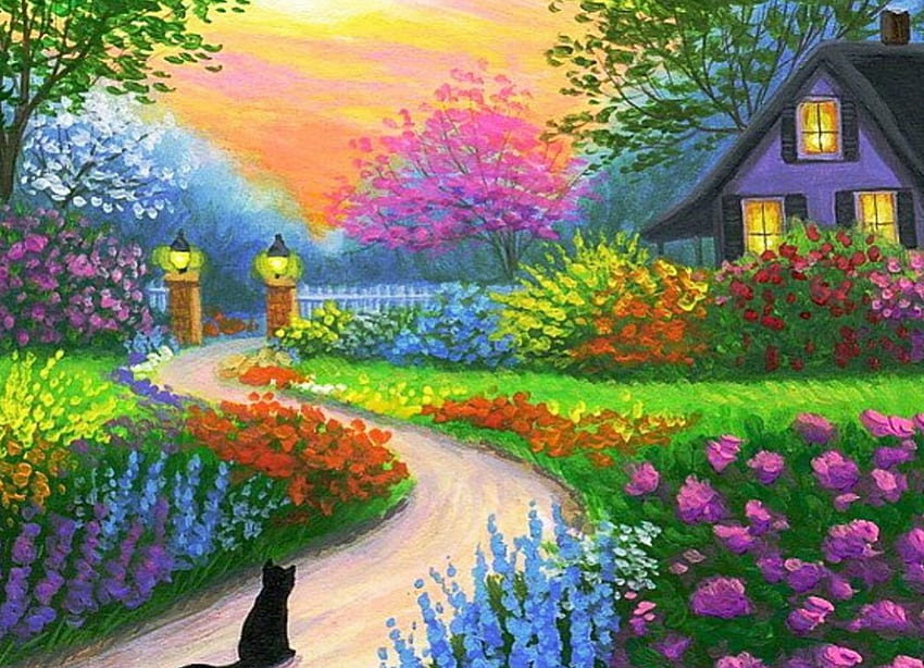 Domek w ogrodzie, grafika, , ścieżka, kolory, kot, kwiaty, zachód słońca Tapeta HD