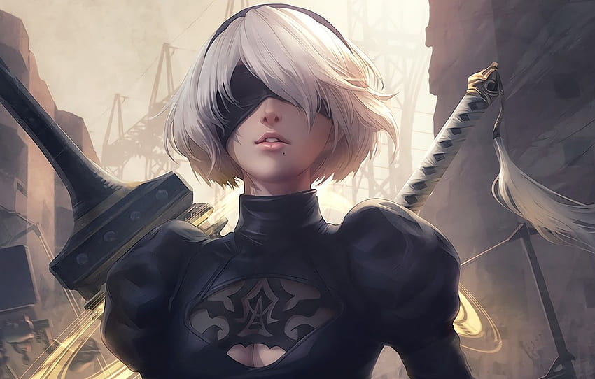 girl, sword, white, game, black, android, art, beautiful, katana, square enix, factory, nier, town, Destruction, white hair, bandage for , section игры HD wallpaper