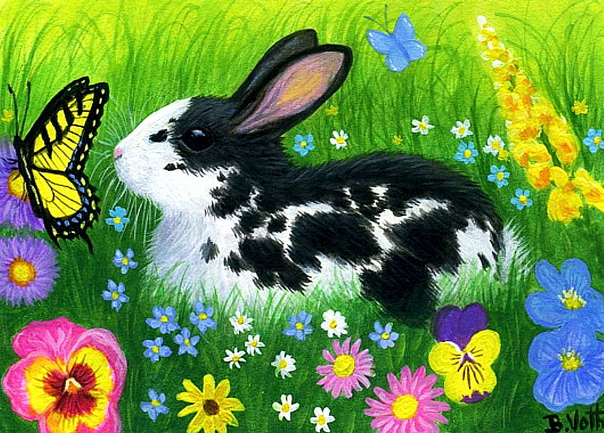 Little Bunny's Garden, obras de arte, pintura, borboleta, Prado, Páscoa, flores papel de parede HD