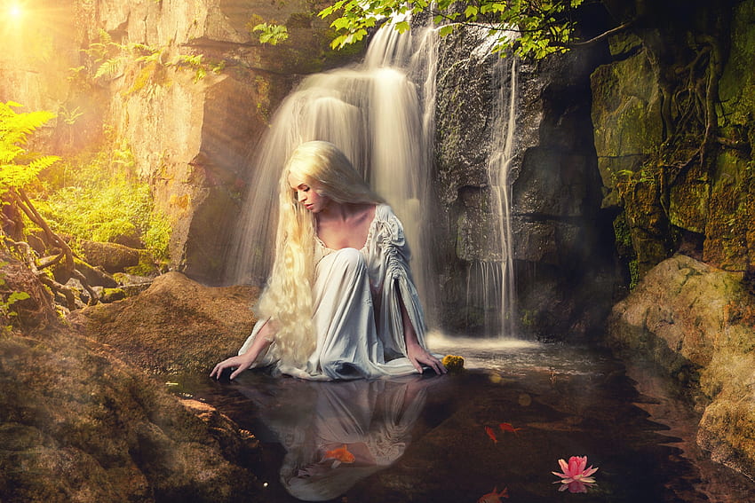 Art of Blonde near a Waterfall, waterfall, model, reflection, blonde, waterlily HD wallpaper