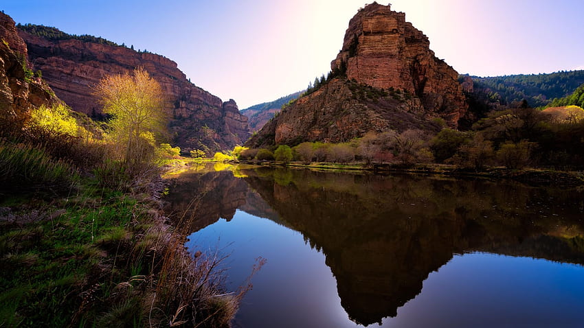 Glenwood Canyon, Colorado, mountain, reflections, lake, hills, water, usa HD wallpaper