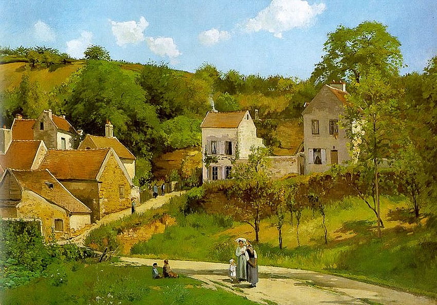 El Hermitage de Pontoise, de Camille Pissarro, pintura, arte, camino, verde, naturaleza, camille pissarro fondo de pantalla
