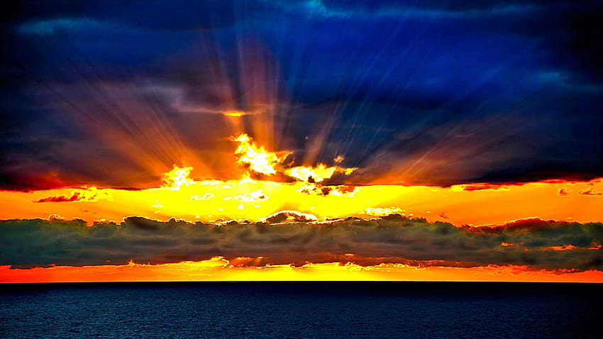 Nature, Sunset, Sky, Sea, Sun, Horizon, Rays, Beams HD wallpaper