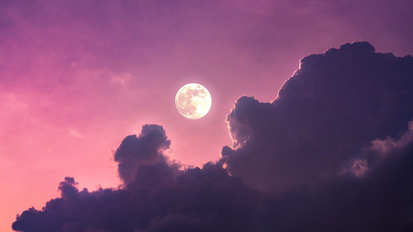 Full moon , Clouds, Pink sky, Nature HD wallpaper