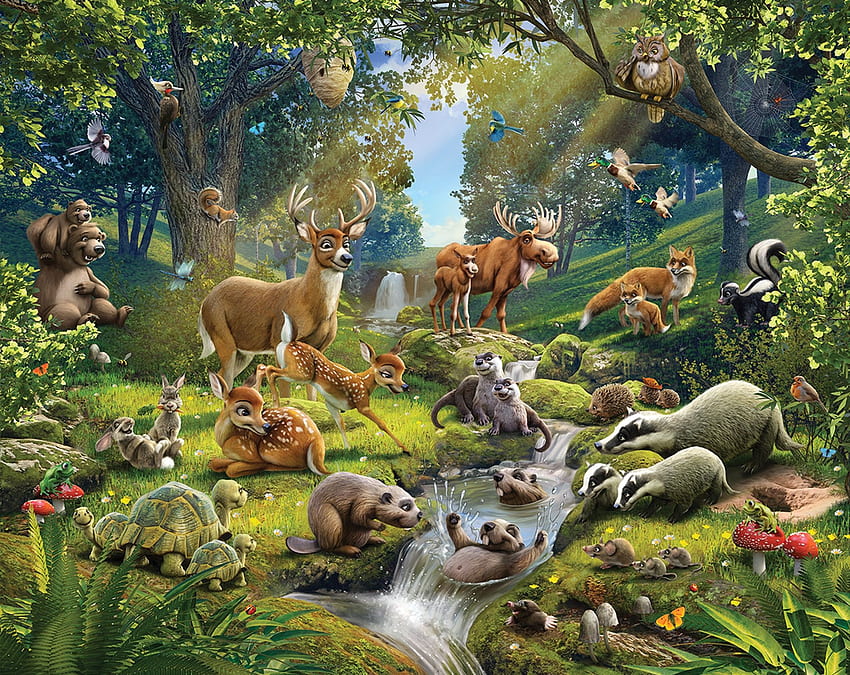 森の動物壁画、ジャングルの動物 高画質の壁紙
