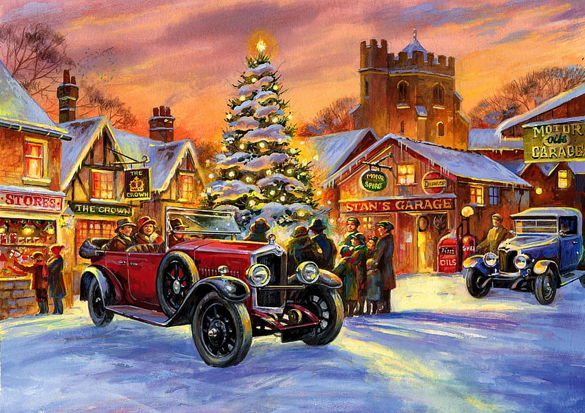 Crossley&Carols, zima, kolorowe, kolędy, crossley, miasto, samochód, ładne, wakacje, malarstwo, śnieg, nastrój, sztuka, wigilia, piękne, ludzie, drzewo, retro, sklep, boże narodzenie, światła, ulica, niebo, rynek, śliczny, wieś Tapeta HD