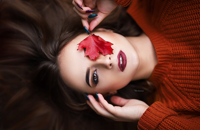Beauty, model, red, autumn, leaf, girl, toamna, maksim romanov, woman HD wallpaper