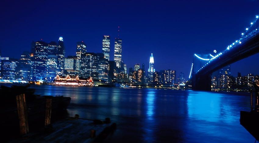 bajo manhattan en la noche antes del 11 de septiembre, noche, río, ciudad, luces, puente fondo de pantalla