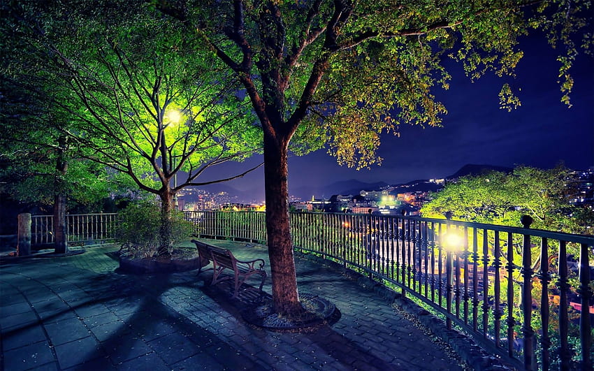 park, Garden, Bench, Trees, Night, Lights, Lamp, Post, Fence, Railing, View, Scenic / and Mobile Background HD wallpaper