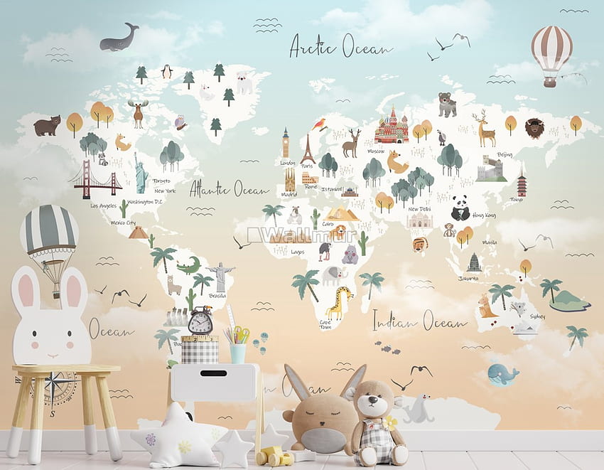 귀여운 동물과 작은 풍선 벽화가 있는 키즈 핑크 세계 지도 - • Wallmur® HD 월페이퍼