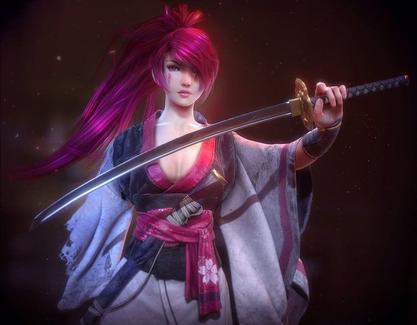 Samurai Girl, kimono, noir, cheveux roux, cheveux longs, dame, abstrait, grossier, femme fantastique, femelle, art, épée, belle, femme, fantaisie, rouge, arme, katana Fond d'écran HD