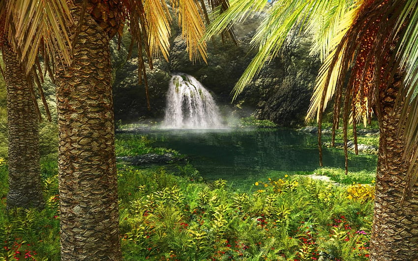 Cascada tropical, tropical, verde, árboles, cascadas, bosques, naturaleza, palmeras fondo de pantalla