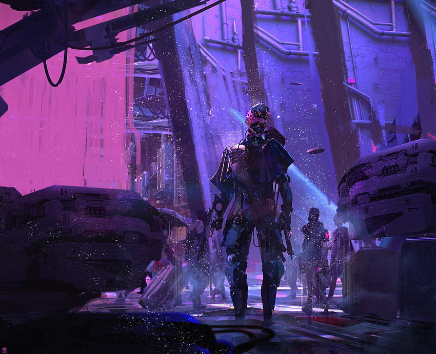 Sci Fi Cyberpunk Neon Robot, Artist, , , Background, and, Purple Robot HD wallpaper