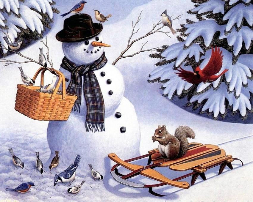 Snowman's Buddies, obras de arte, pájaros, trineo, pintura, nieve, árboles, cardenal, ardilla fondo de pantalla